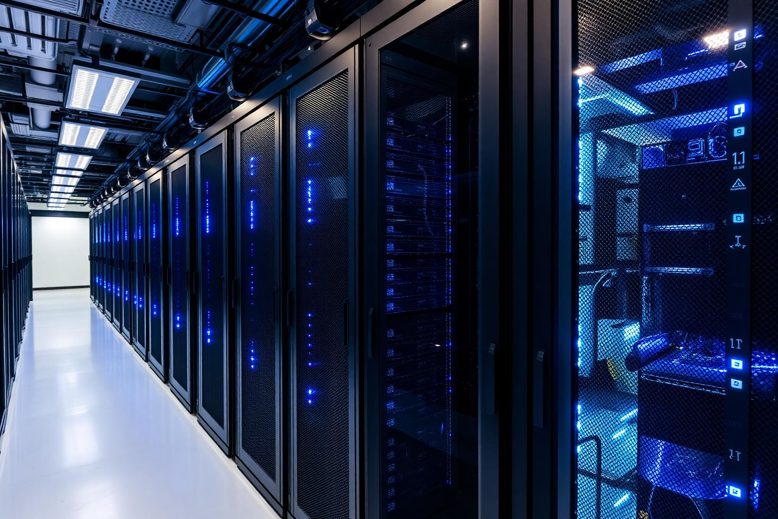 Professional web hosting server racks with cloud networking and secure infrastructure