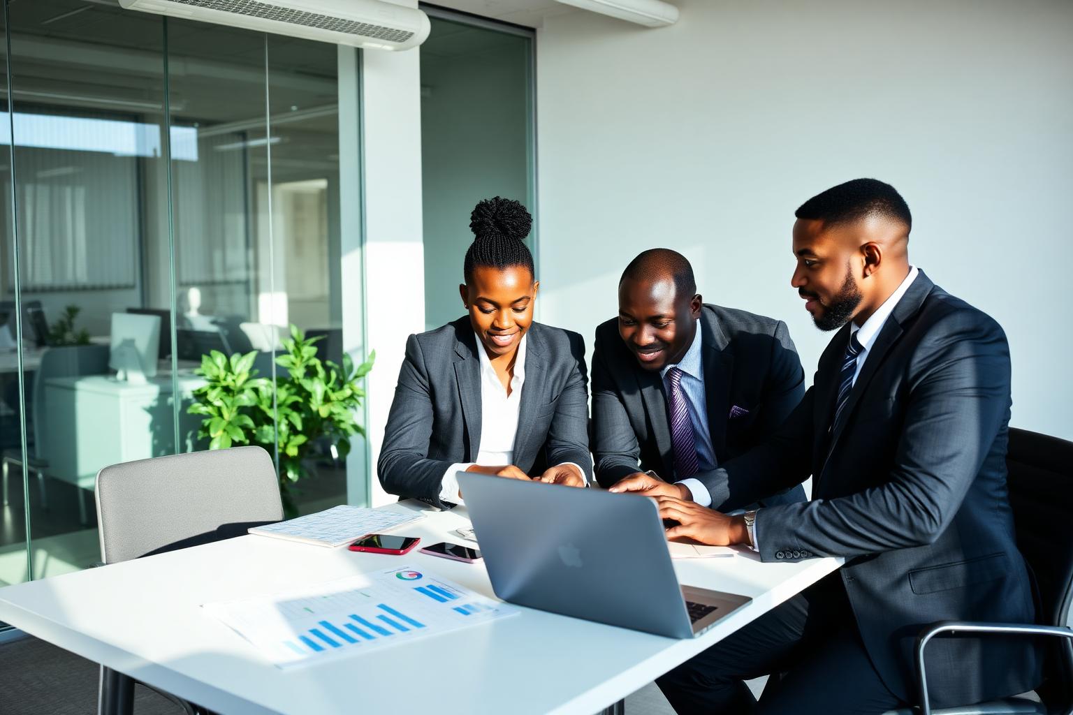 Kenyan business professionals collaborating over digital strategy in a modern office